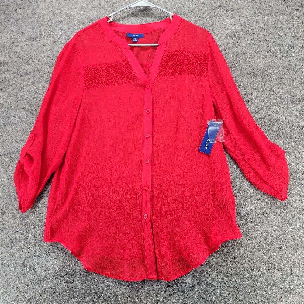 APT 9 Shirt Womens Medium Button Up 3/4 Sleeve Red